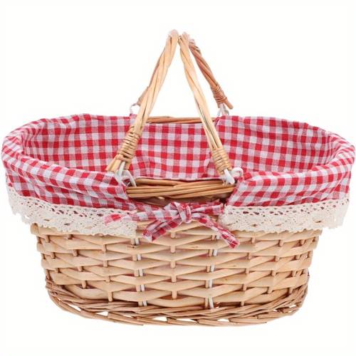 woven picnic basket with checkered liner lace detail durable wooden frame portable design for mothers day shopping or home decor picnic basket