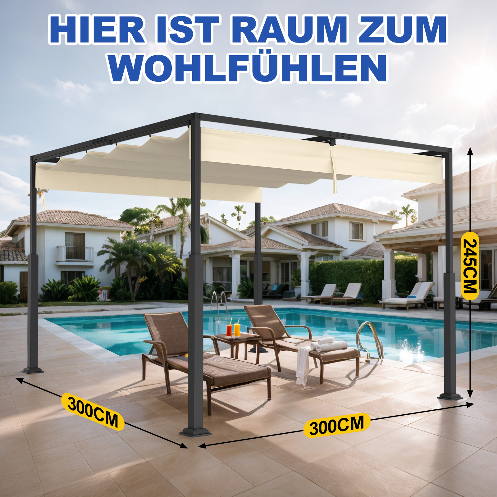 Loinklds Pergola With Retractable Sliding Roof 3x3m/3x4m-sturdy Gazebo With Sun Protection&shade-ideal For Garden, Terrace, Balcony&pool Area