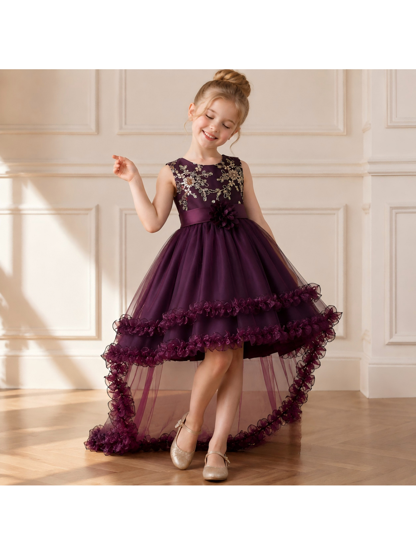 girls luxury   dress with golden embroidery sheer tulle back train sleeveless wedding gown suitable for   graduation birthday party dress asymmetrical hem round neck formal outfit   3 14