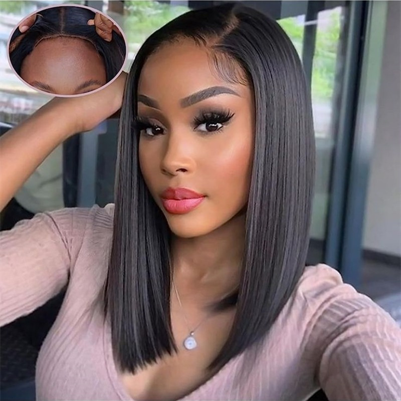 Image of 4x4 Bob Wig Made From Human Hair, Featuring A Glueless Design With Pre-plucked And Pre- Lace Front. This Short Straight Bob Wig Has A Density Of 210% And Is Perfect For Women