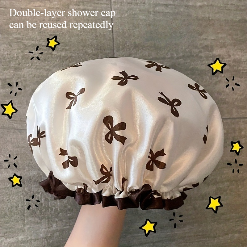 TEMU Bonnet de bain luxueux pour femmes, bonnet de douche réutilisable, tissu double épaisseur, motif floral à nœud, bande élastique douce qui