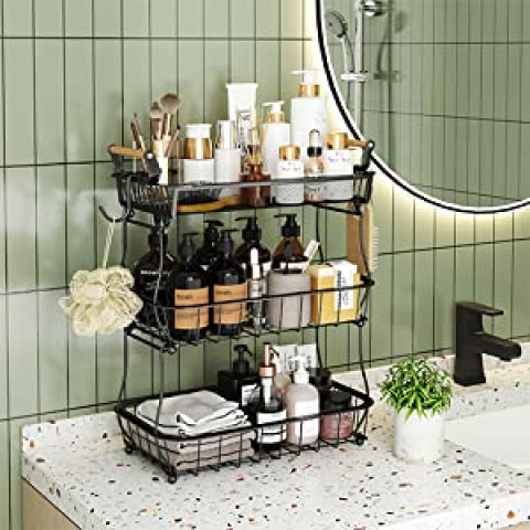 Panier à fruits métallique 3 étages Miyawell avec 2 porte-bananes - Organisateur de cuisine empilable et gain de place, grande capacité en maille aérée pour fruits, légumes et snacks, support de comptoir noir moderne, panier à fruits pour plan de travail, design industriel élégant, poignées en bois, étagères à paniers