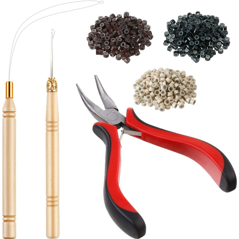 TEMU Women Hair Extension Kit, 600pcs Lined Micro Rings, 1 Pliers, 2 Pulling Hook Needle Sewing Bead Device Tool For Tinsel And Feather Hair