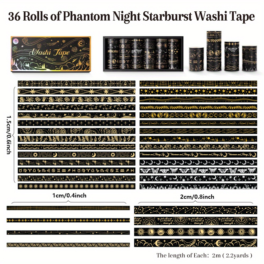 E-shop Set mit 36 Rollen schwarzes Bronzing Washi Tape in drei Breiten mit Stern, Mond- und Schmetterlingsmotiven. Diese hochwertigen Deko-Tapes sind