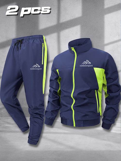 herren outdoor-sportset, langarmjacke mit elastischer bundhose, einfaches outdoor-print, basic trainingskleidung, atmungsaktives material, für sport, fitness lässigen alltagslook