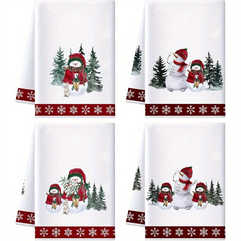 TEMU 4pcs Set Of 18x26" Christmas Kitchen Towels - , Absorbent Polyester With Snowman & - Holiday Decor, Cooking, And Bathroom Use