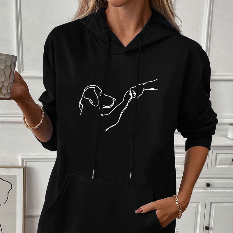 

Women's Casual Polyester Hoodie With Cartoon Dog Print, Long Sleeve, Regular Length, Loose Fit, Knit Fabric, With Pocket, Spring/fall Fashion Hooded Pullover - 100% Polyester, 250g/m²