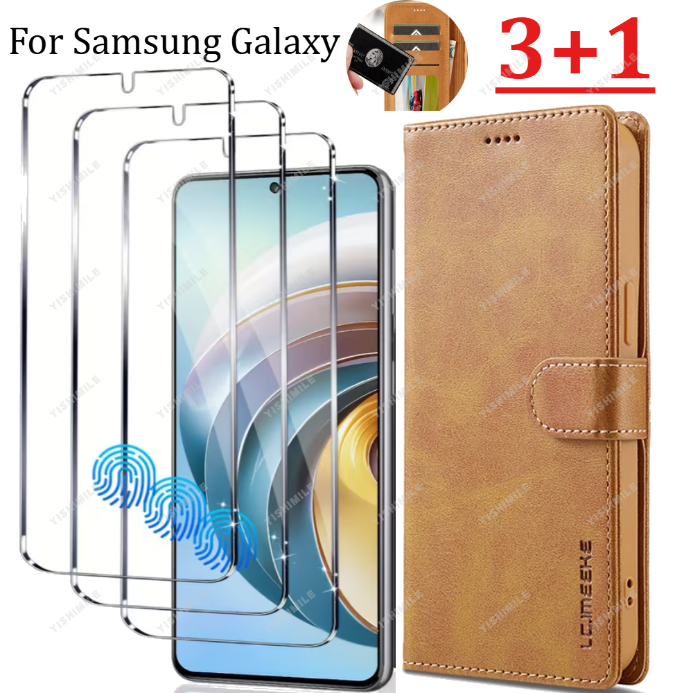 TEMU 1pack Brown Flip Phone Case With Card Holder And Cash Slot, Plus 3pcs Of 9h Hardness Tempered Glass Screen Protectors, Designed For For Galaxy