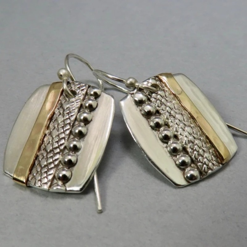 Two-Color Rectangle Dangle Earrings with Hammered Bead Detail