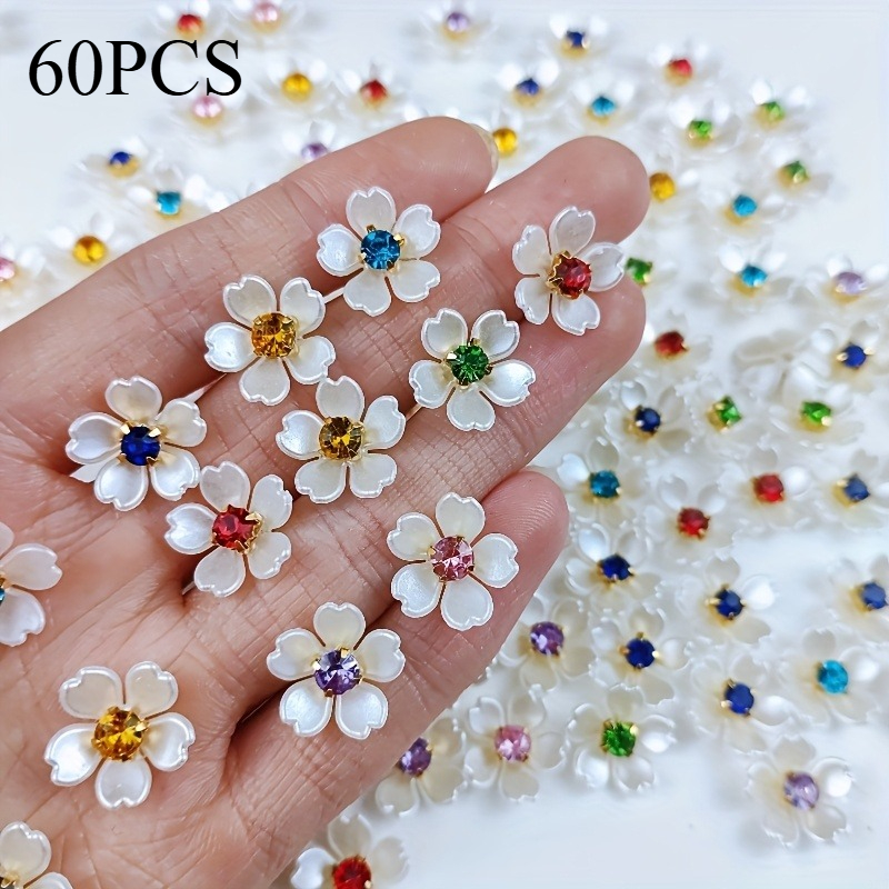 TEMU 60pcs/pack Mixed Color Floral Beads - 15mm Making Supplies, With Rhinestone Decoration, For Earrings, Hair Accessories, Bracelets, And Clothing