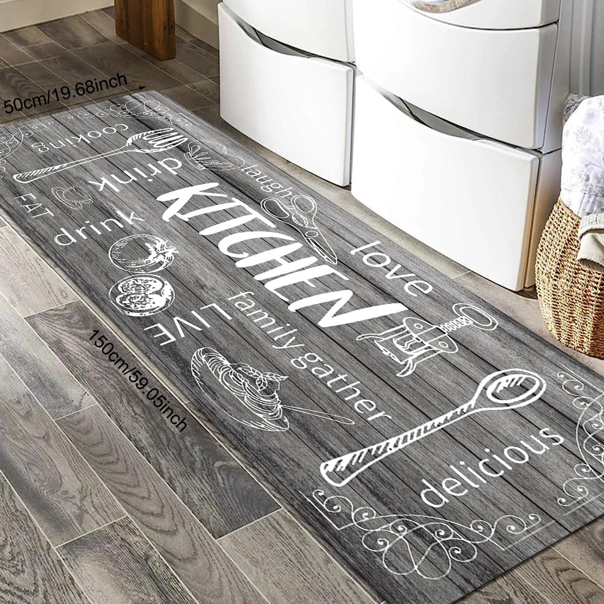 Image of 1pc Vintage European Cutlery Pattern Kitchen Floor Mat - Non-slip Polyester Floor Mat For Indoor/outdoor, Entrance, Dining Area - Rustic Charm Home Decoration
