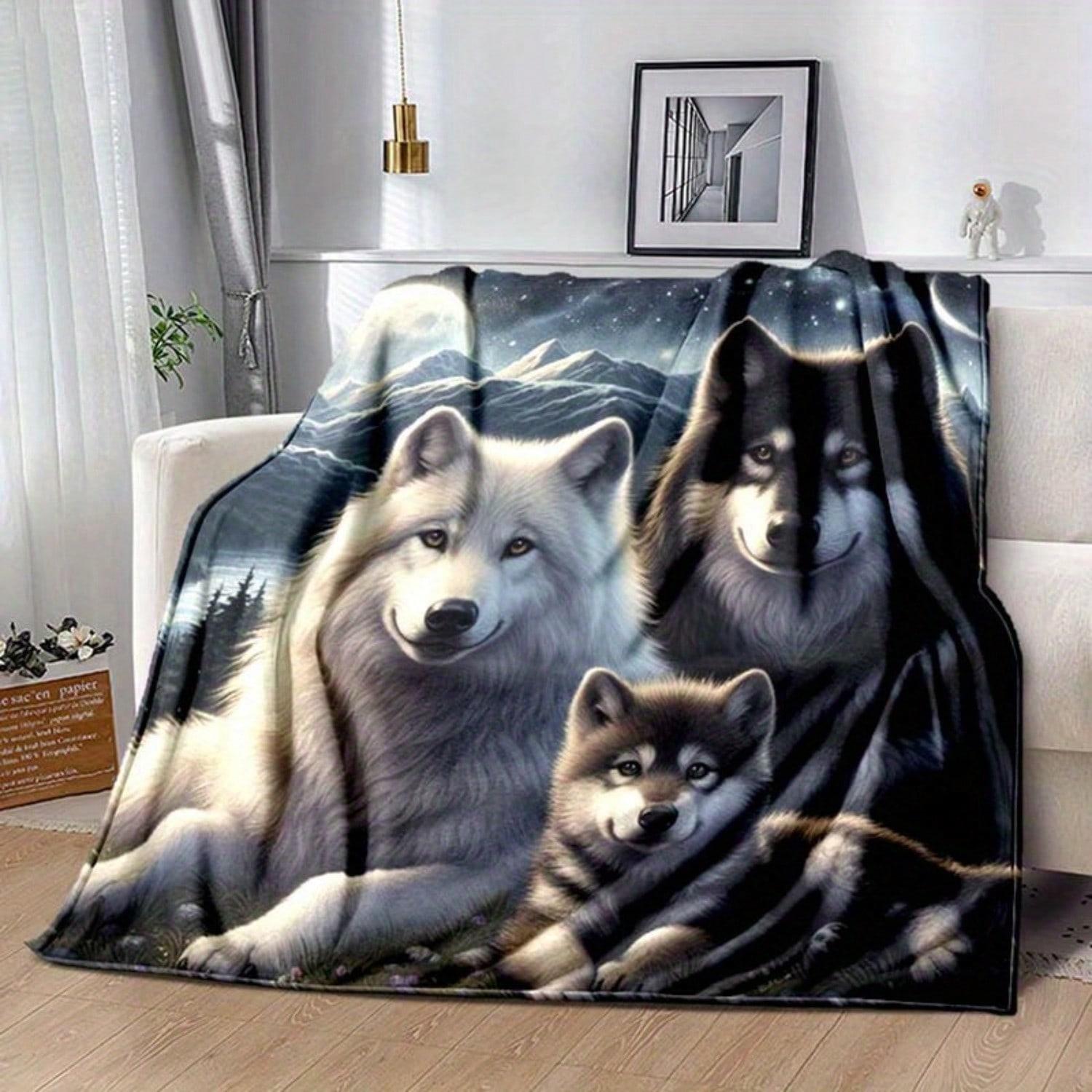 TEMU Wolf Family Blanket - Large Jumbo Size Suitable For Flannel Bedspread With Wolf, Contemporary Bedspread For Adults, Cozy Warm Winter Throw For