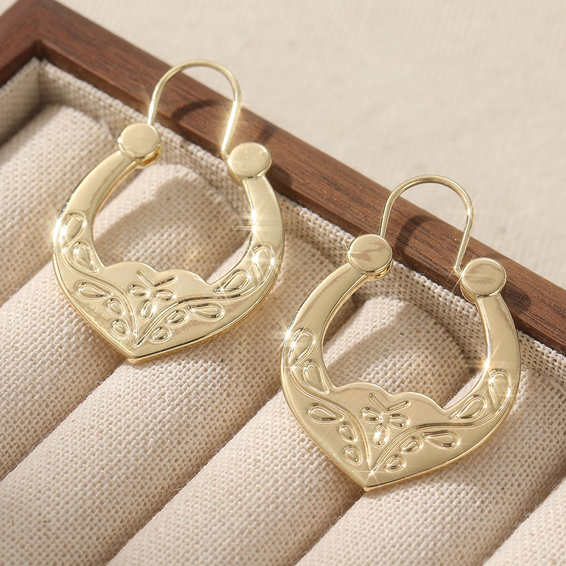 Vintage Copper Hand Carved Bow Pattern Earrings, Elegant Golden Hoop Style