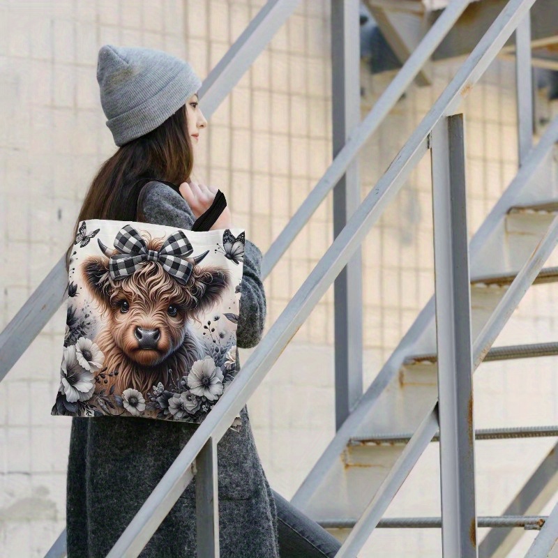 TEMU 1 Printed Design Non-textured Women's Handbag 2d Flat Printing Capacity Women's Tote Bag Vintage Highland Cow Print Bow Decorated Shoulder