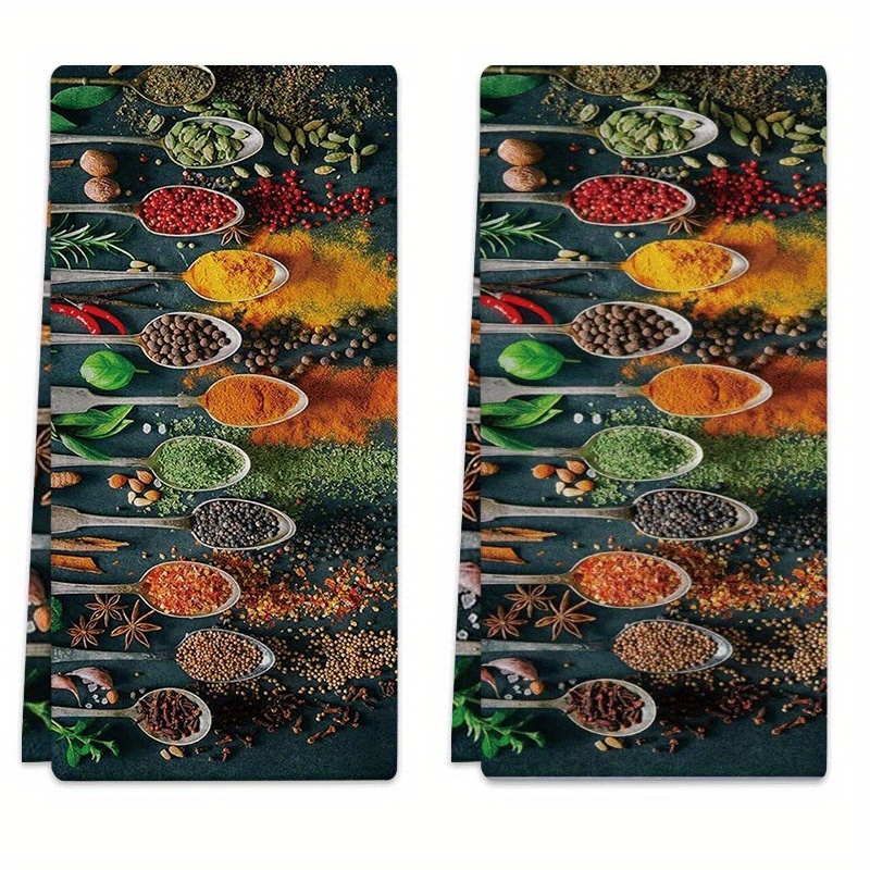 TEMU 2 pièces torchons de cuisine en microfibre, 18x26 pouces - Chiffons à vaisselle super absorbants avec design de épices, cuillères et herbes -