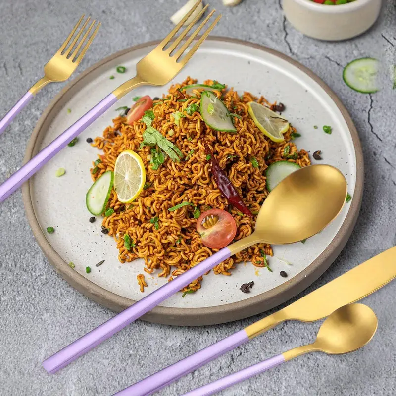 8pcs stainless steel flatware set portable reusable cutlery set travel utensils set including chopsticks knife straws cleaning brush dishwasher safe b purple golden Product details 5