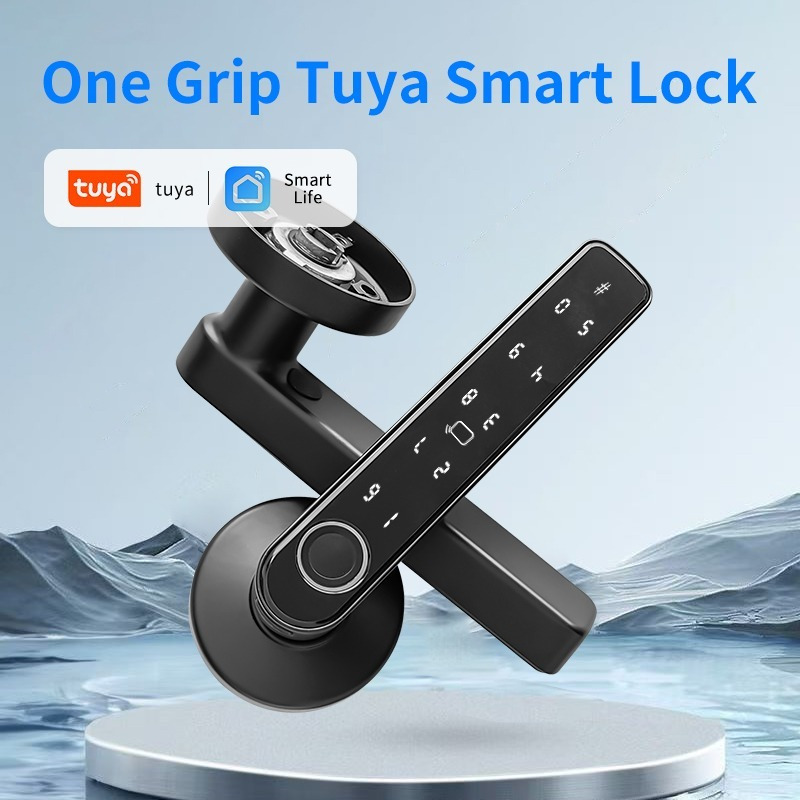 5 in 1 biometric smart door lock with fingerprint keyless entry handle   ic card password key entry 99   wireless enabled   alloy black   battery powered with usb charging no wiring needed for home office hotel office safety sleek metallic   corrosionresistant material 0