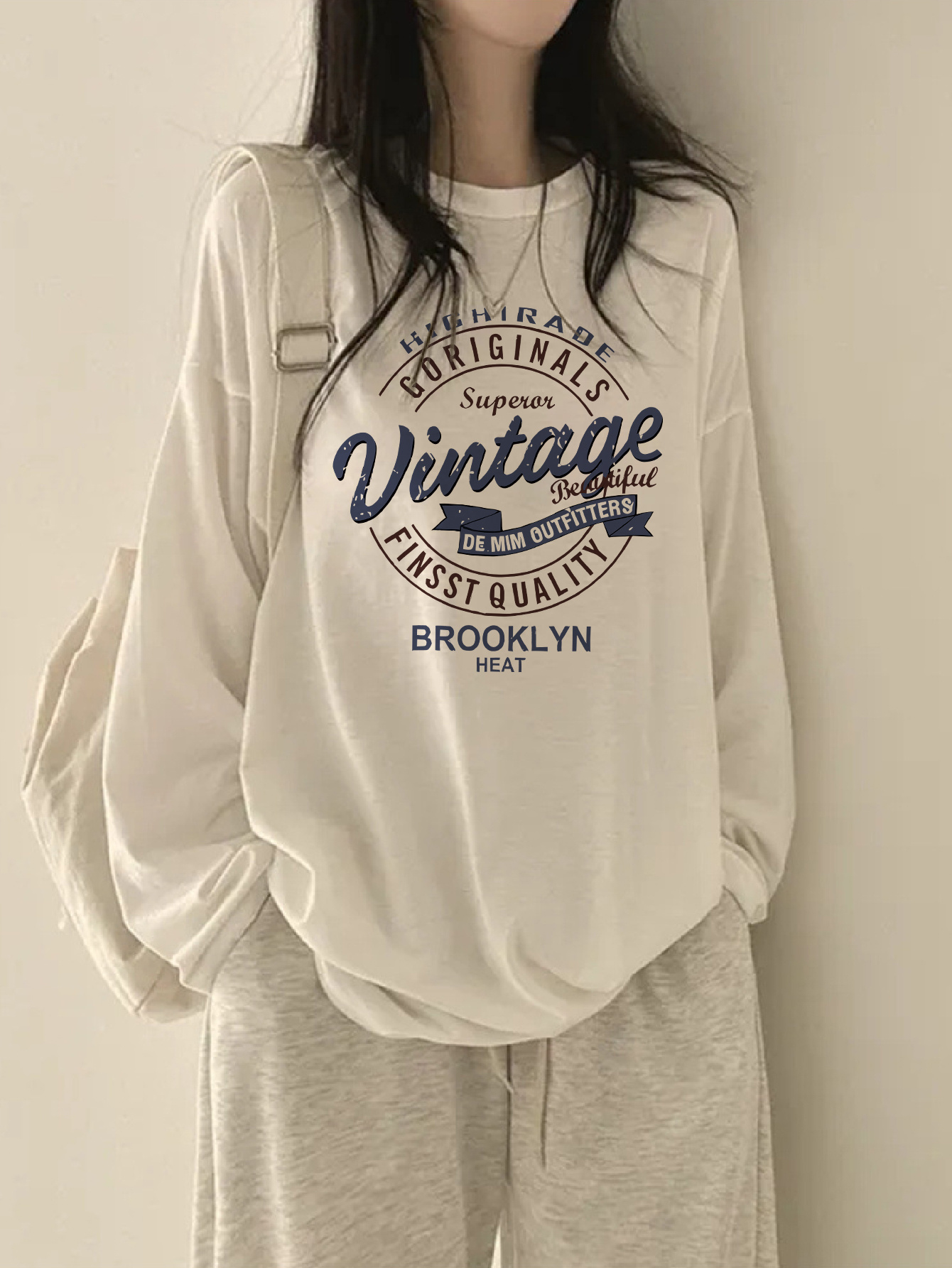 Camiseta Oversize de Larga con Vintage Brooklyn para Mujer Cuello  y Casual con Estampado de para