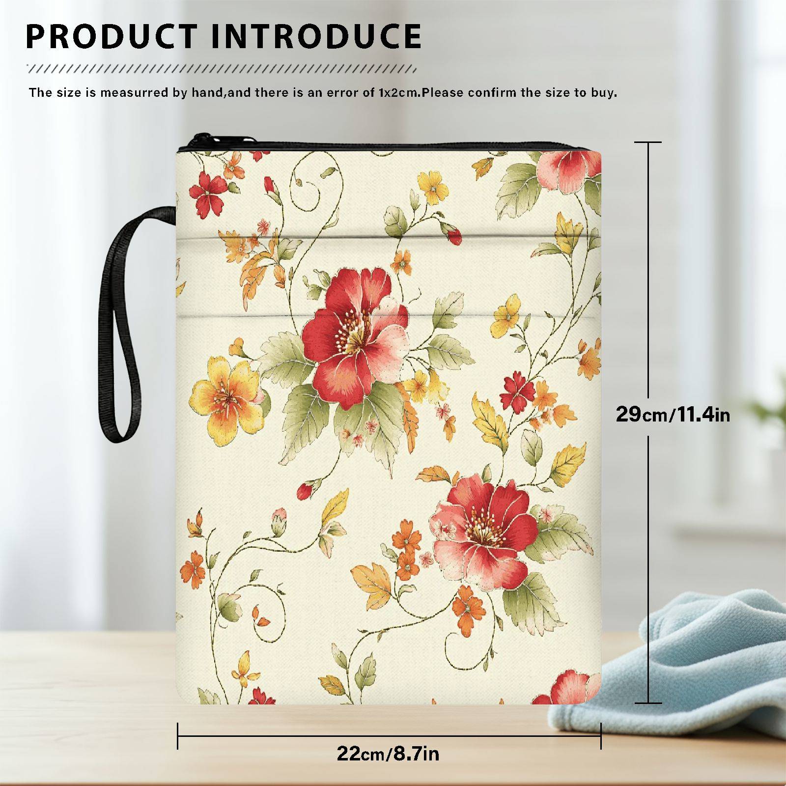1pc vintage elegant floral book cover with zipper closure book protector storage bag suitable for students teachers office supplies front pocket organizer durable office use tablet magazine holder