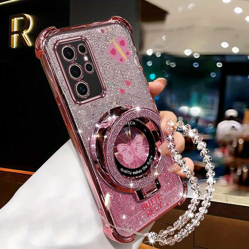 TEMU Phone Case: Cute Diamond Wrist Strap Magnetic Glitter Phone Holder Case On For Galaxy S25 Ultra Galaxys25ultra Anti-knock Shock Proof Stand Back