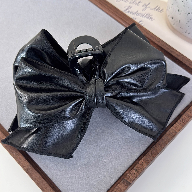 TEMU Vintage Pu Leather Striped Bow Hair Claw Clip For Women, Large Shark Clip For Updo And Back-of-head Styling, Hair Claw Accessory For Thick Hair