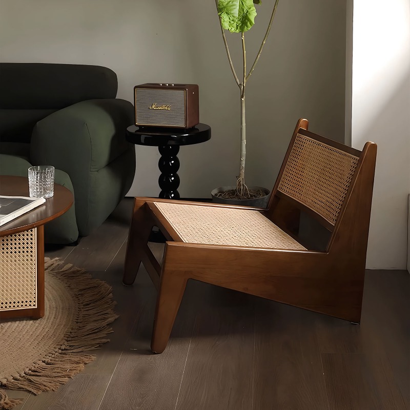 Modern Mid-Century Accent Chair, Rattan Lounge Chair for Living Room, Boho Side Corner Comfy Chair for Bedroom And Balcony, Walnut