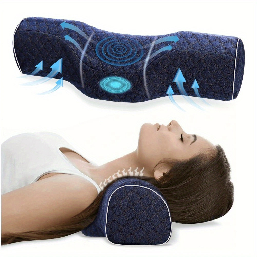 

1pc Ergonomic Cervical Neck Pillow With Lumbar Support – Blue, Contoured Design For Spine Alignment & Pressure , Machine Washable Polyester Cover, Neck Support Pillow