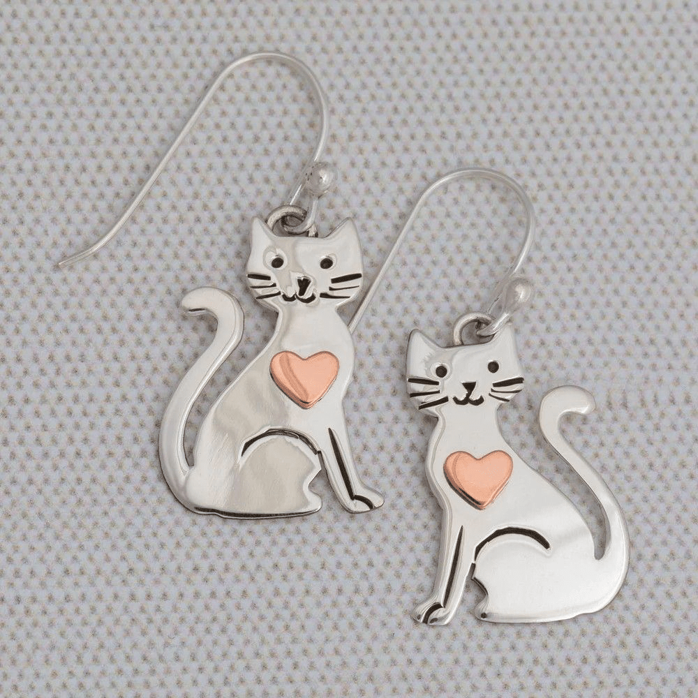 Cute Two-Color Love Heart Kitten Shaped Pendant Earrings