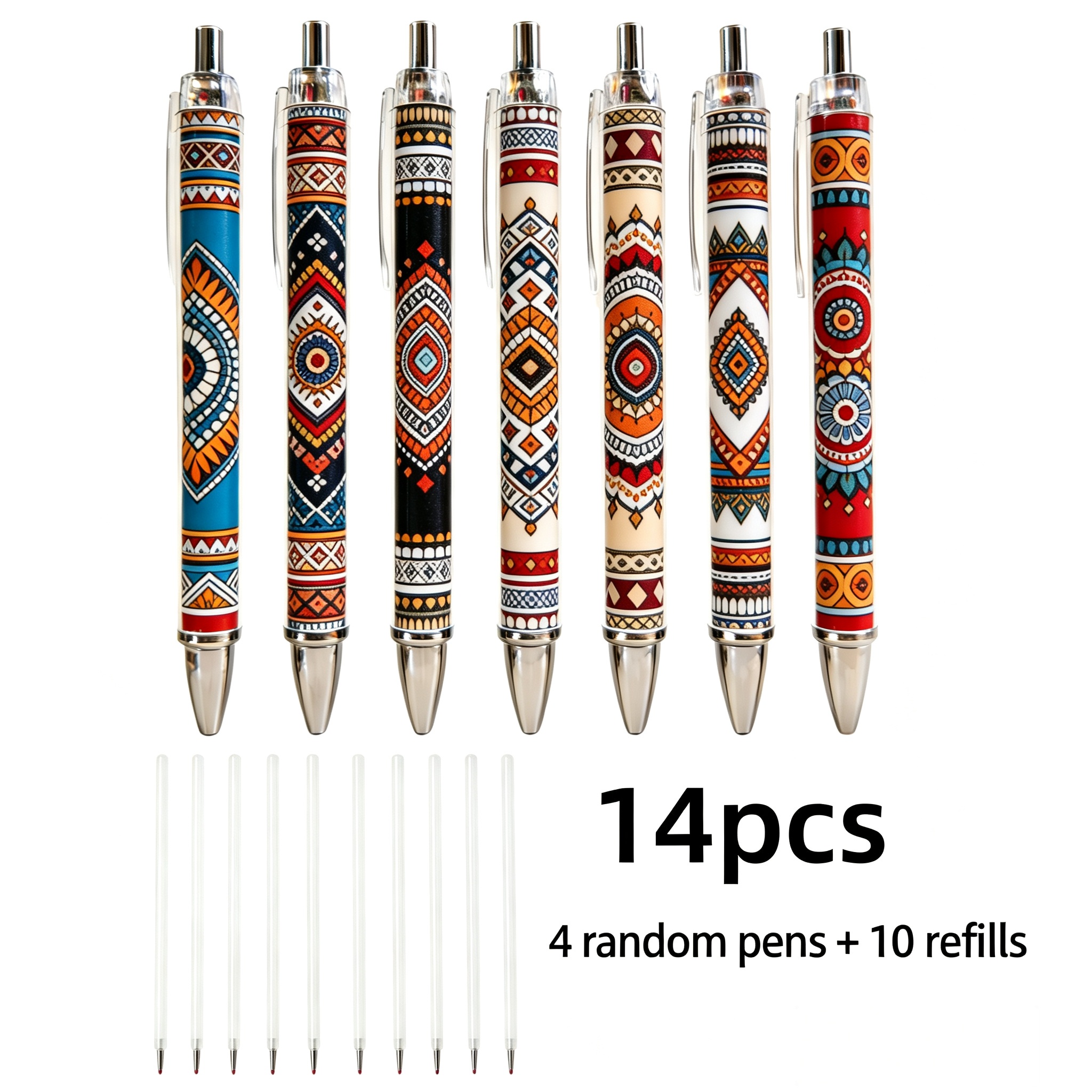 TEMU 14pcs(4 Random Pens+ 10 Refills) Retro Bohemian Pattern Retractable Ballpoint Pens, Vibrant Colors With Exotic Retro Style, Smooth Writing,