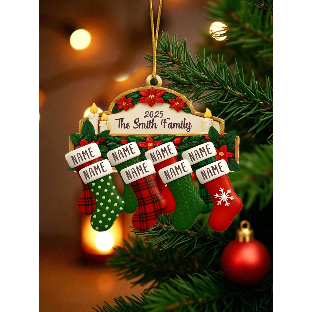 TEMU 2d Flat Personalized Family Christmas Stocking Ornament, Customizable 2 To 8 Names, 2026 Holiday Decor Commemorative Gift, Suitable For Parents,
