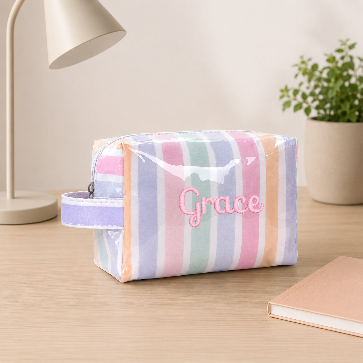 TEMU Personalized Striped Makeup Bag For Women, Custom Embroidered Name Cosmetic Pouch, Toiletry Organizer, Portable Wash Bag, Preppy Stripe Storage