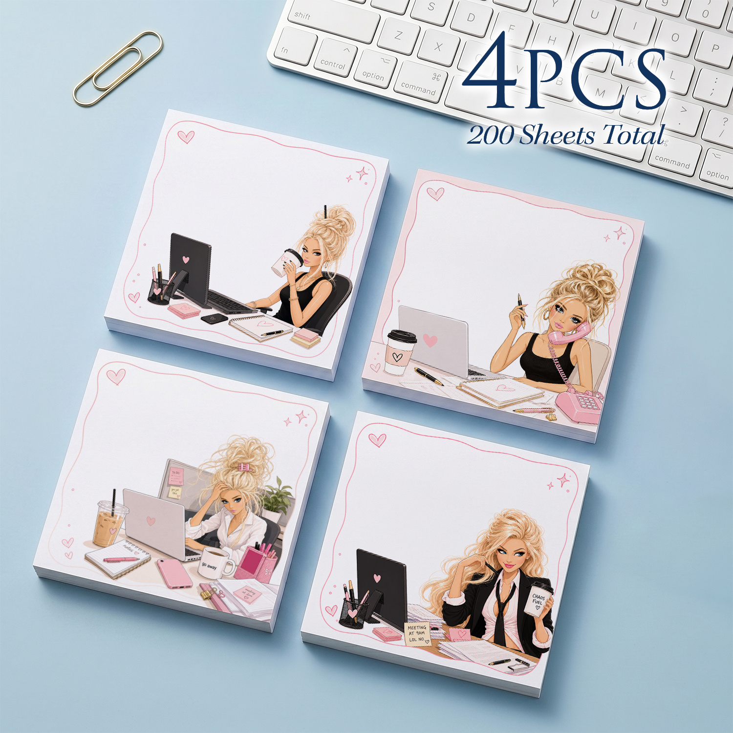 Image of 4pcs Girl Boss Sticky Notes Set, Cute Office Lady Desk Self-adhesive Memo Pads, 200 Sheets Total, Pink Aesthetic Work Planner Notepads For Journal, School And Office Supplies