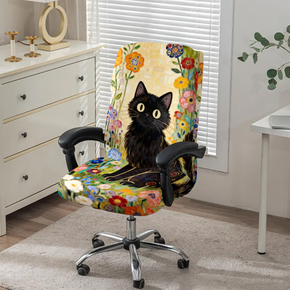 TEMU 1pc Klimt Floral Black Cat Chair Cover - Fabric Elastic Zipper Suitable For Office, Gaming & Chair Covers, Detachable Machine Washable Cover