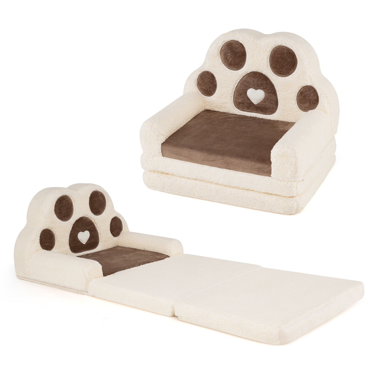 Image of 2-in-1 Convertible Kids Sofa To Lounger, Fold Out Couch With Removable Cover, Paw Patterns, No Assembly Needed, Foldable Kids Sofa For Boys And Girls, Brown + Beige