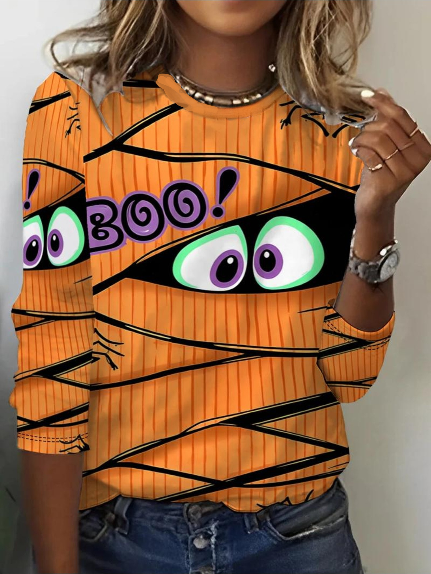item picture womens halloween theme bandage pattern printed round neck long sleeve t shirt non sequined inner and outer wear casual top base layer long sleeve for spring autumn winter suitable for holiday gifts and daily wear machine washable