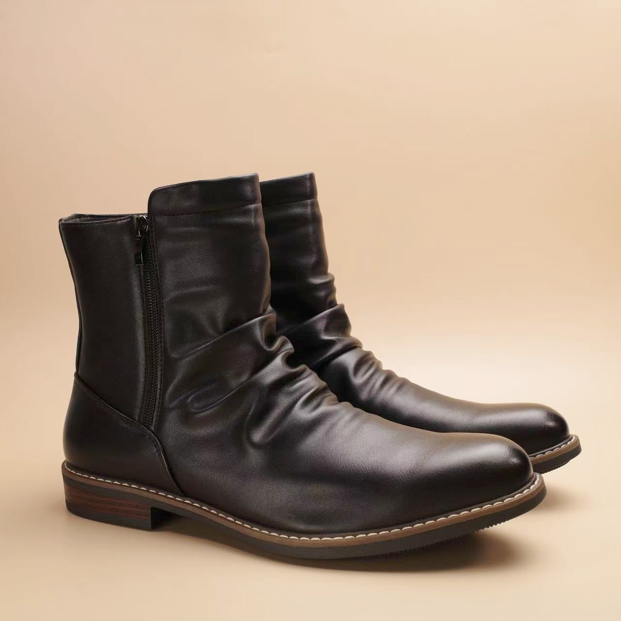 Image of Men's Cowboy Boots, Motorcycle Boots, Slip-on Boots | Zip-up Closure, Upper And Insole, Rubber Sole, Solid Color