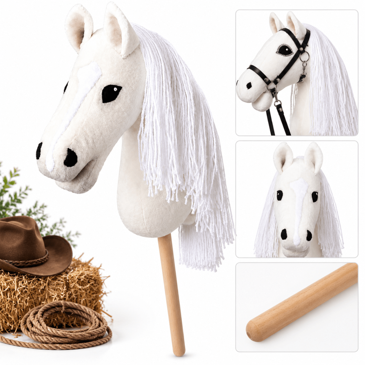 Image of Deluxe Stick Horse Plush With Wooden Handle - Dress Up Cane Suitable For Christmas Role-play, Hobby Horse For, Pretend Play & Party Decoration, Non-washable Care, Themed Costume Accessory