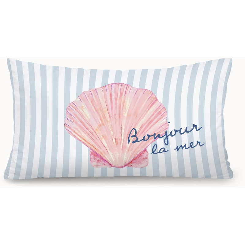 TEMU 1 de cojín decorativa estilo preppy para playa, fundas de cojín lumbar decorativas con diseño de playa, conchas rosas y rayas azules
