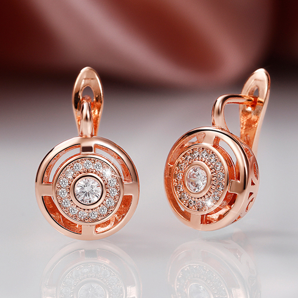 

Vintage Round With Copper Inlaid Zirconia, Ear Buckles, -quality Style For Women