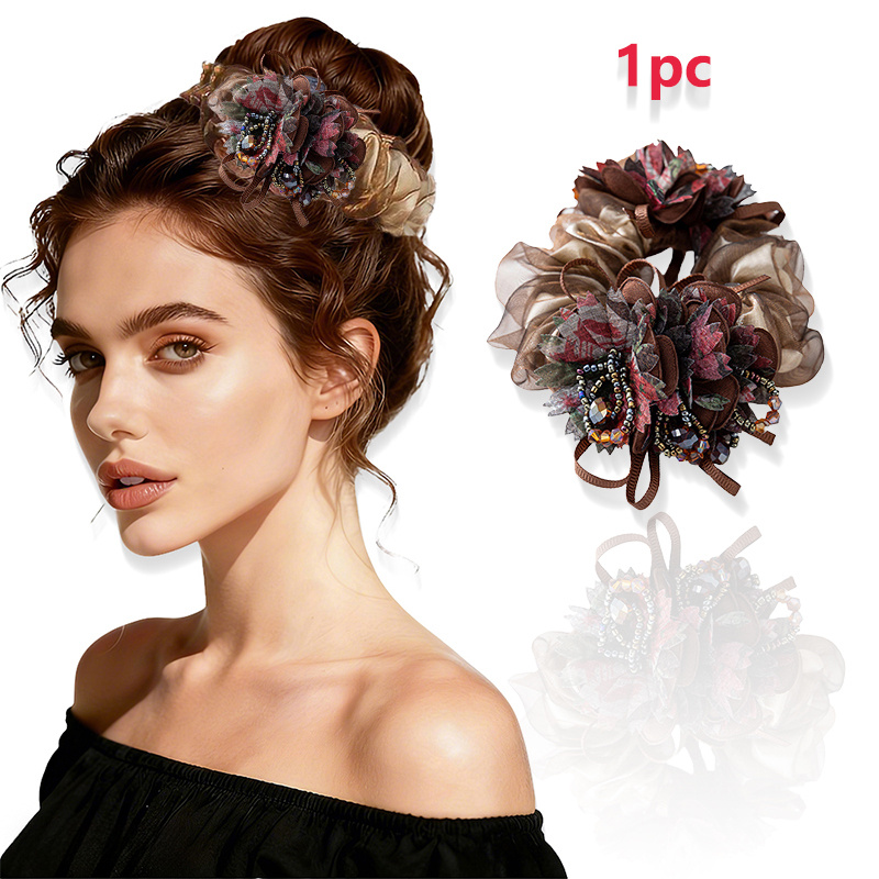 E-shop 1 Stück Damen Handgefertigte Blumen-Haargummi - Handgefertigter Mehrfarbiger Retro Eleganter Netz-Haargummi für & Party Hochzeit Zöpfe Dutt
