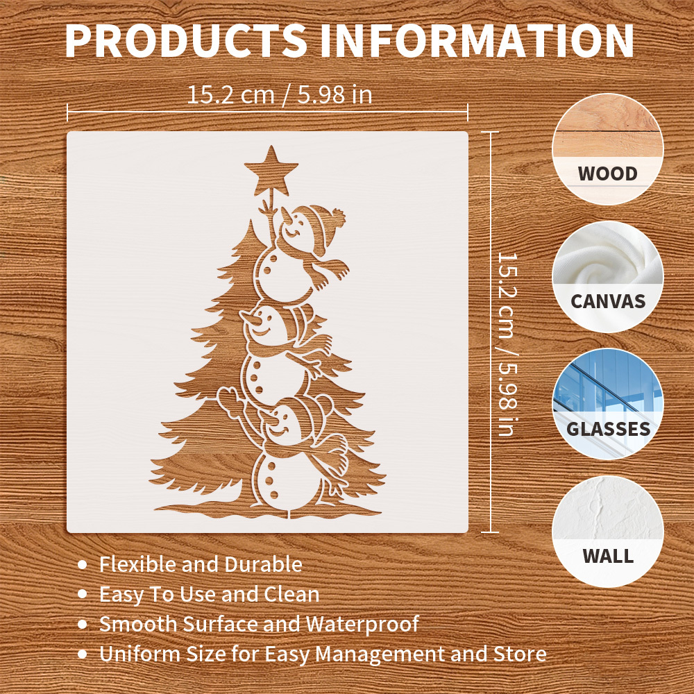 TEMU 1pc Gabarit de peinture réutilisable d'hiver fantaisiste de 6X6 pouces représentant un sapin de Noël avec des hommes de neige empilés et une ,