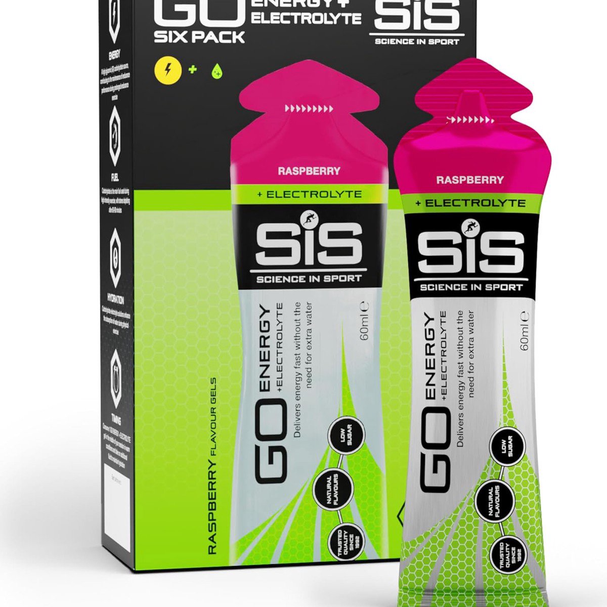 SIS Go Isotonic Energy Gel with Electrolytes- Nutrition Gel Supports Performance and Hydration for Running and Cycling- Raspberry Flavour, 60ml, Pack of 6