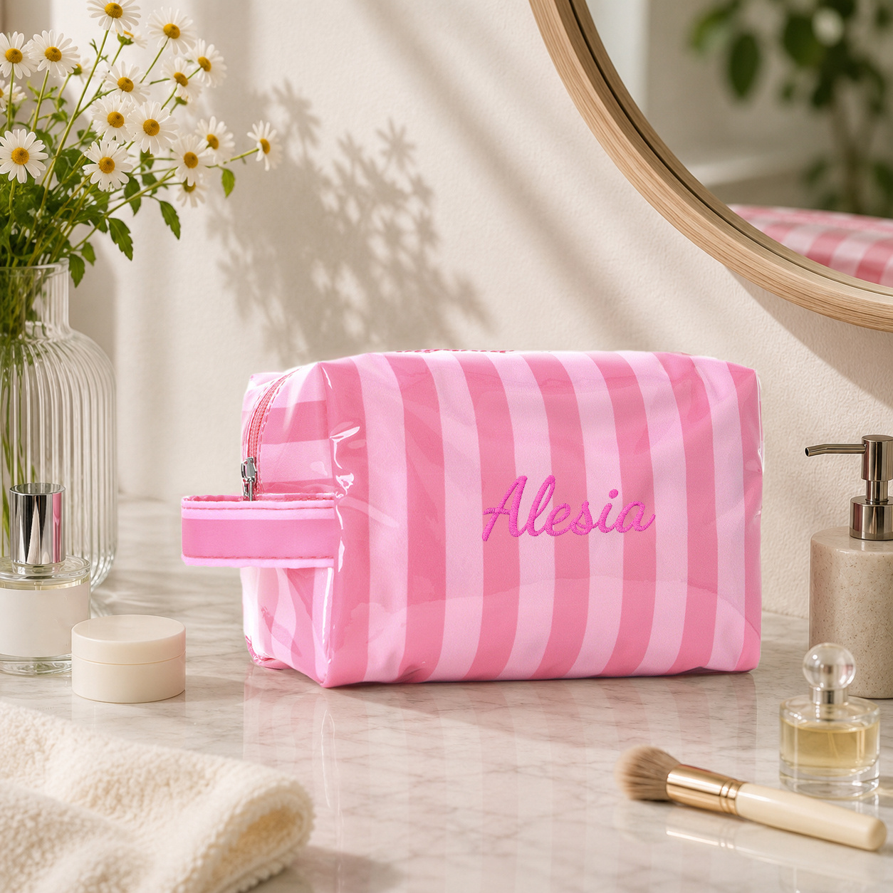 TEMU Personalized Striped Makeup Bag For Women, Custom Embroidered Name Cosmetic Pouch, Toiletry Organizer, Portable Wash Bag, Preppy Stripe Storage