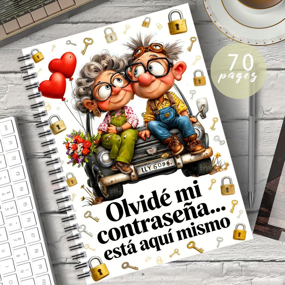 TEMU 1 cuaderno de contraseñas en español con cubierta en , con un adorable diseño de pareja anciana y un coche vintage, registro de detalles de de