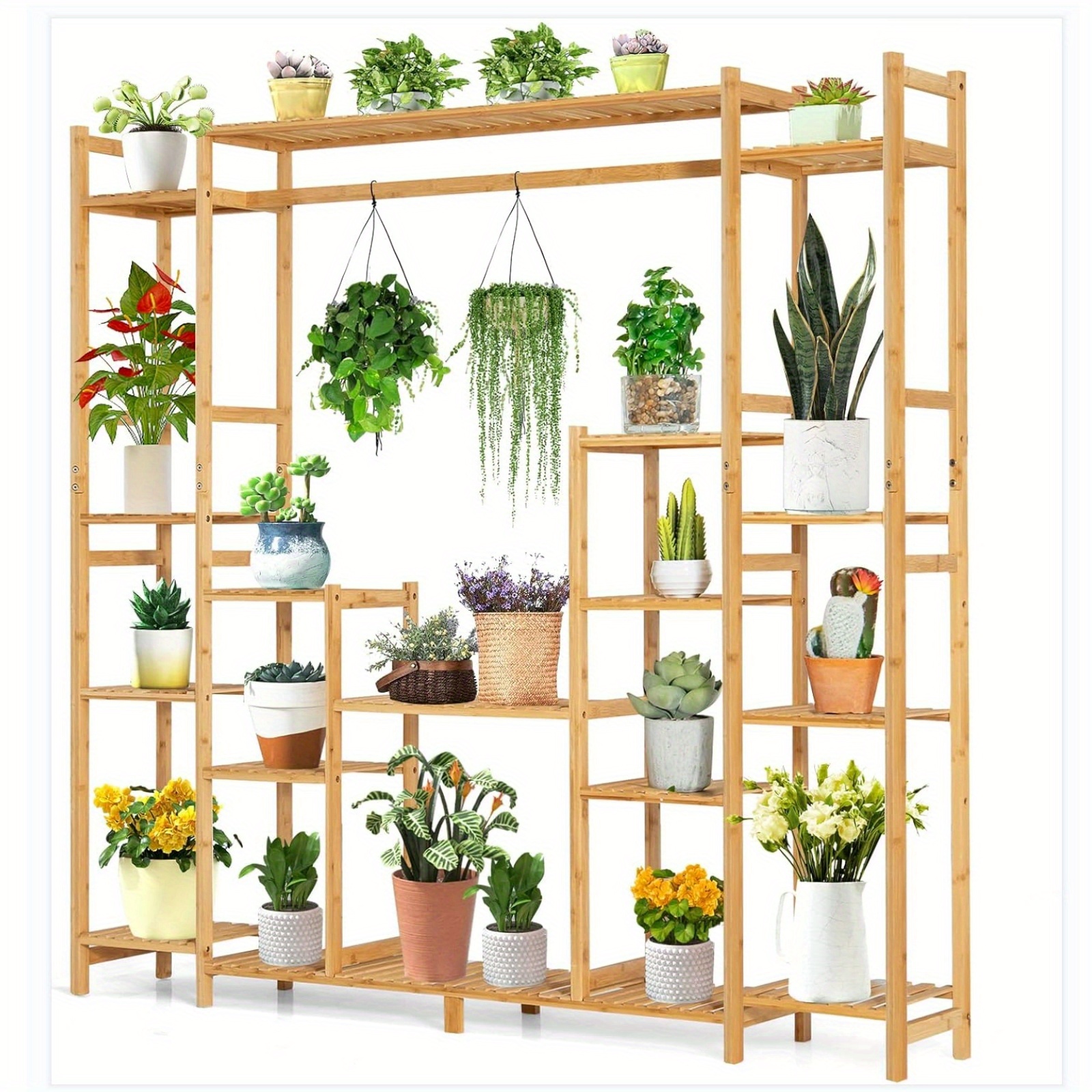 Image of 9-tier Plant Stand With Hanging Rack & Anti-dumping Device, 2-in-1 High-low Plant Holder Shelf, Corner Flower Pot Stand For Indoor & Outdoor Use, Natural