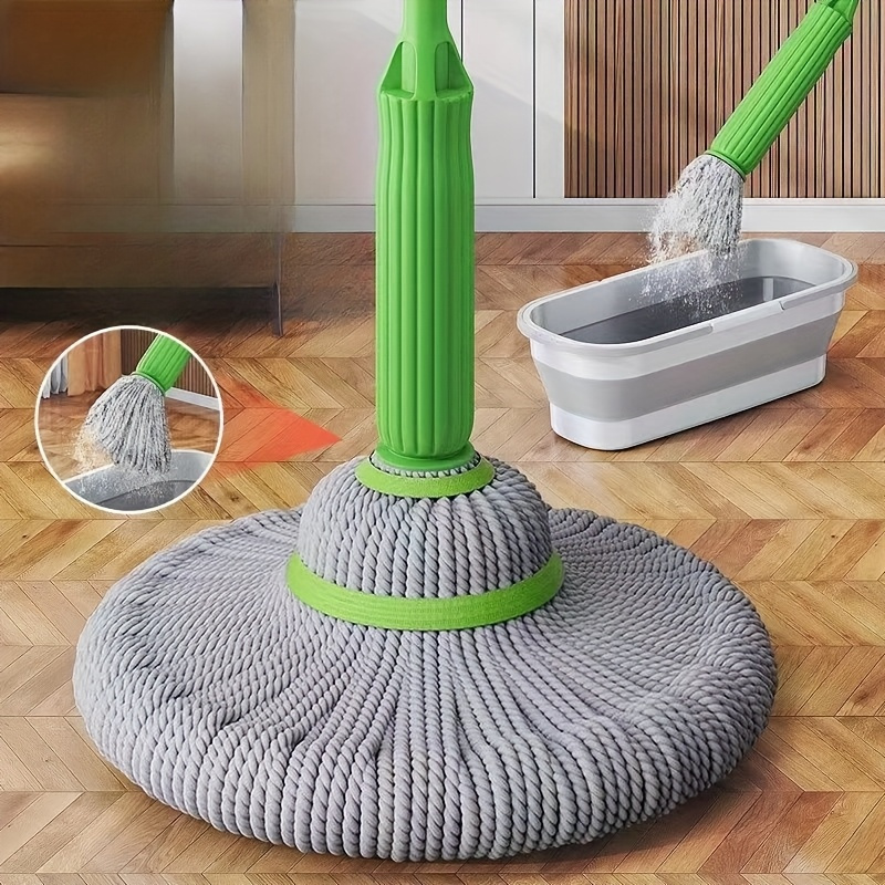 [Super Absorbent Rotary Mop] 1pc Super Absorbent Rotary Mop with Green Handle - Ideal for Home, Kitchen, School, Office, Bathroom & RV Travel - 7pcs Set | Easy-to-Clean Microfiber Mop Head & Bucket