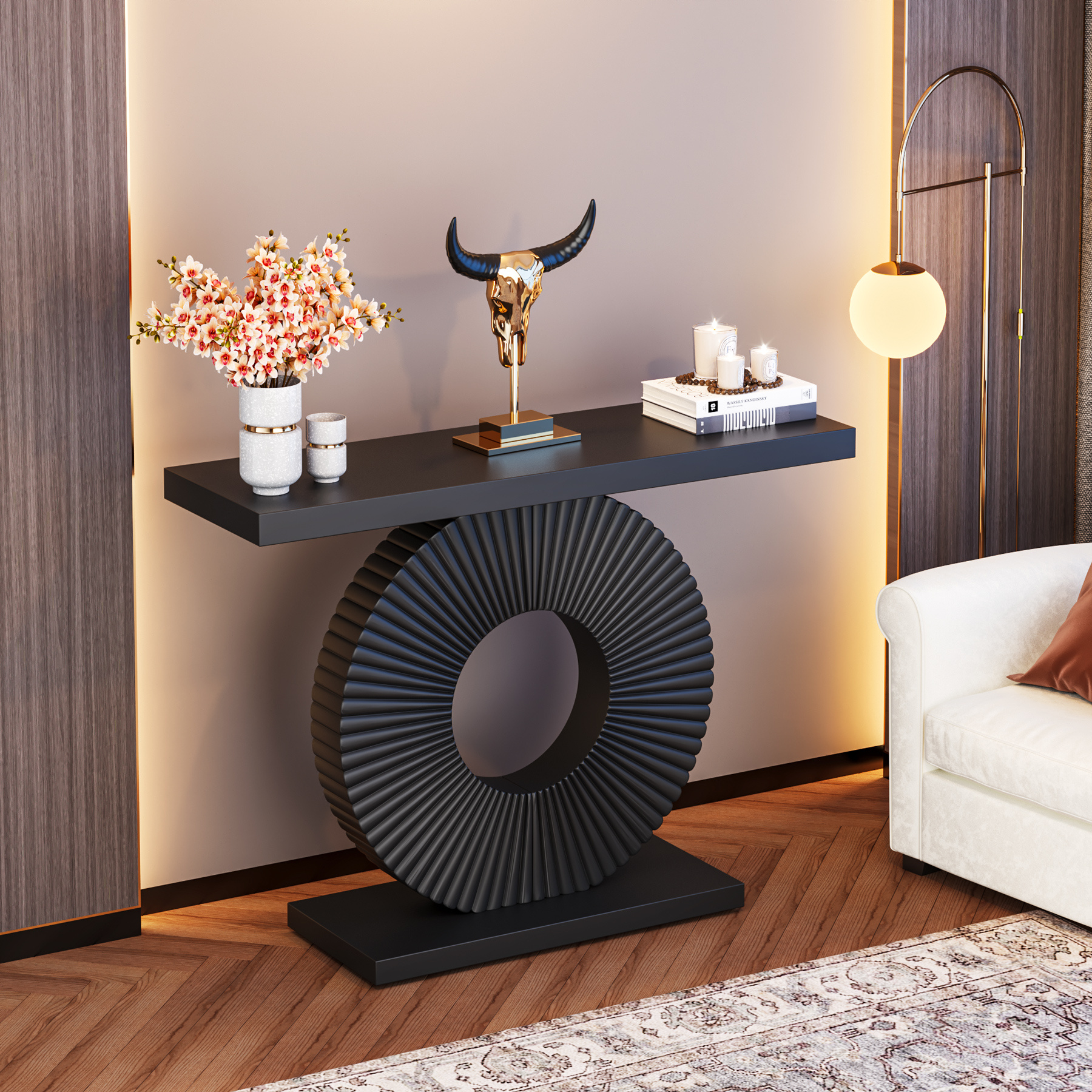 40-Inch Wooden Entry Table, Slim And Elongated, Modern Console with a Geometric Base, Contemporary Accent Piece for The Living Room, Hallway, Or Entryway, in Black