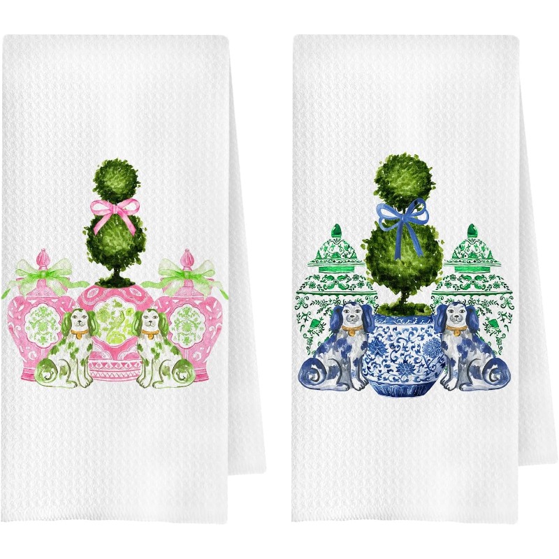 TEMU 2pcs 18&times;26 Inch Chinoiserie Christmas Topiary Tree Kitchen Towels, Christmas Staffordshire Dogs Dish Tea Towel For Kitchen, Decorative Hand Towels For Bathroom