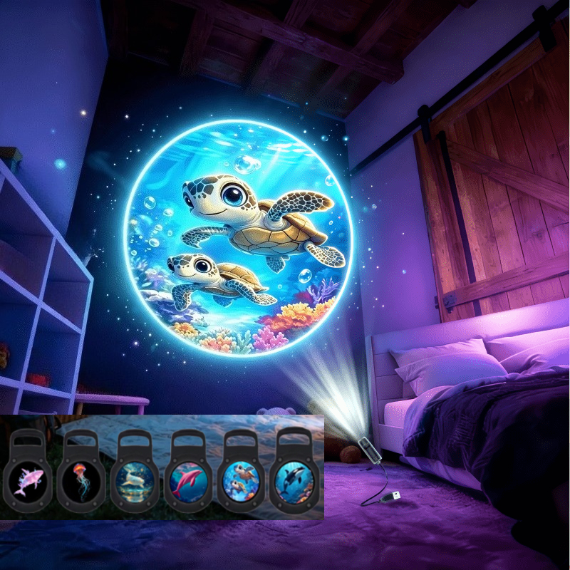 TEMU Veilleuse de projection portable - Slides à motif océan interchangeables 6 pièces, lumière LED, rotation libre à 360°, parfaite pour lampe de