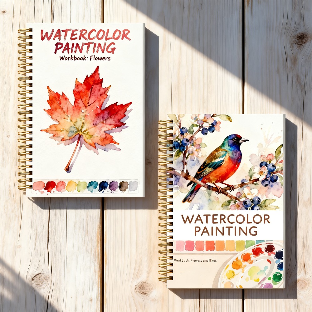 TEMU 2pcs Spiral Bound Flower And Bird Watercolor Drawing Book Set, Adult Beginner Watercolor Practice Book, Colored Book, Including Watercolor